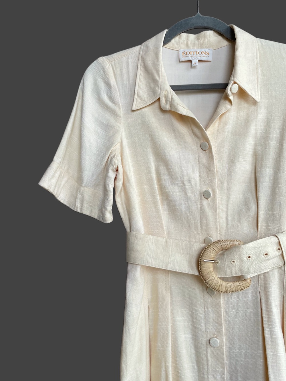 SEZANE Buttercream Ecru Linen Button Down Belted Mini Shirt Dress Gemma Dress - Picture 3 of 16